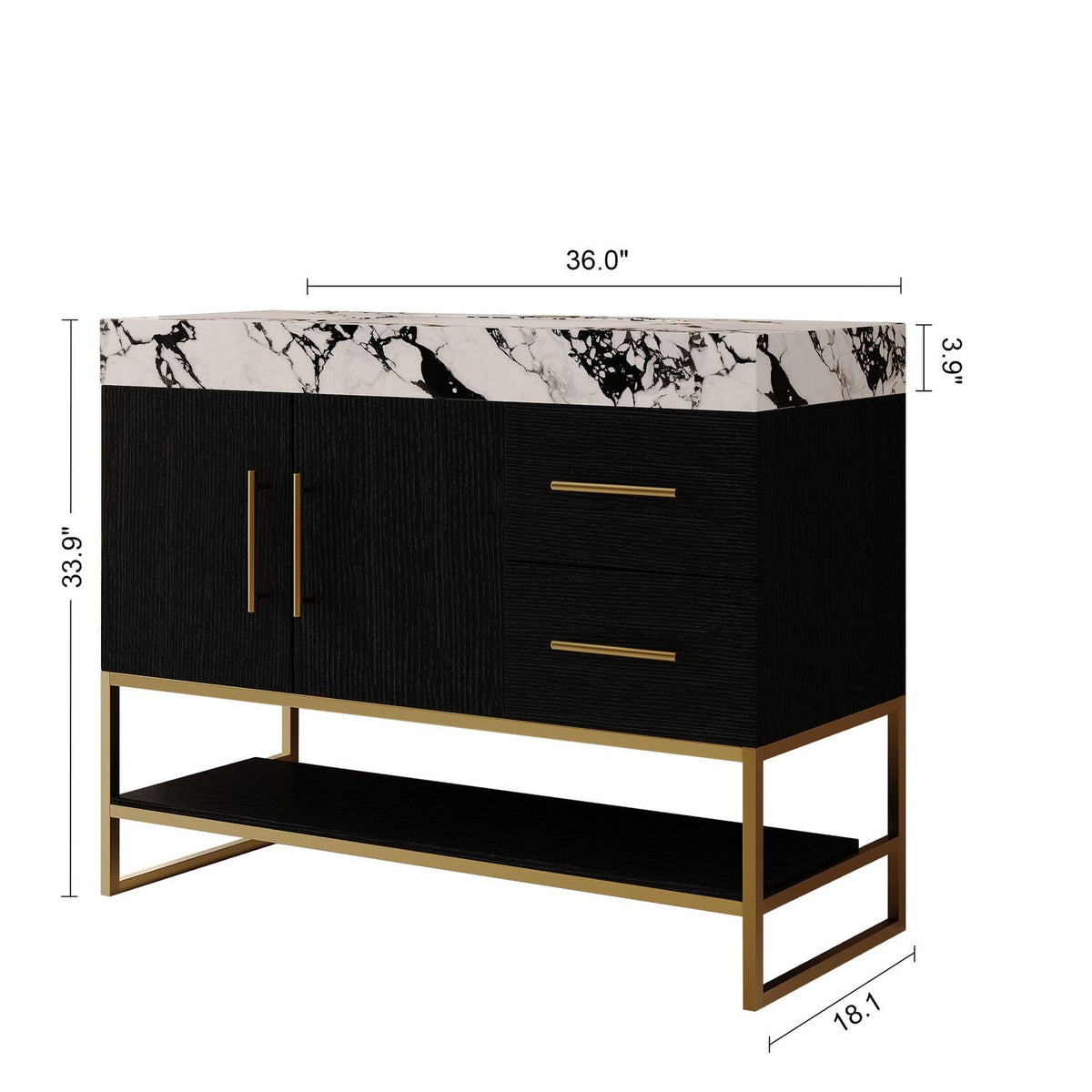 36in Black Freestanding Bathroom Vanity Overall Dimensions Measurement Width Depth Height Diagram