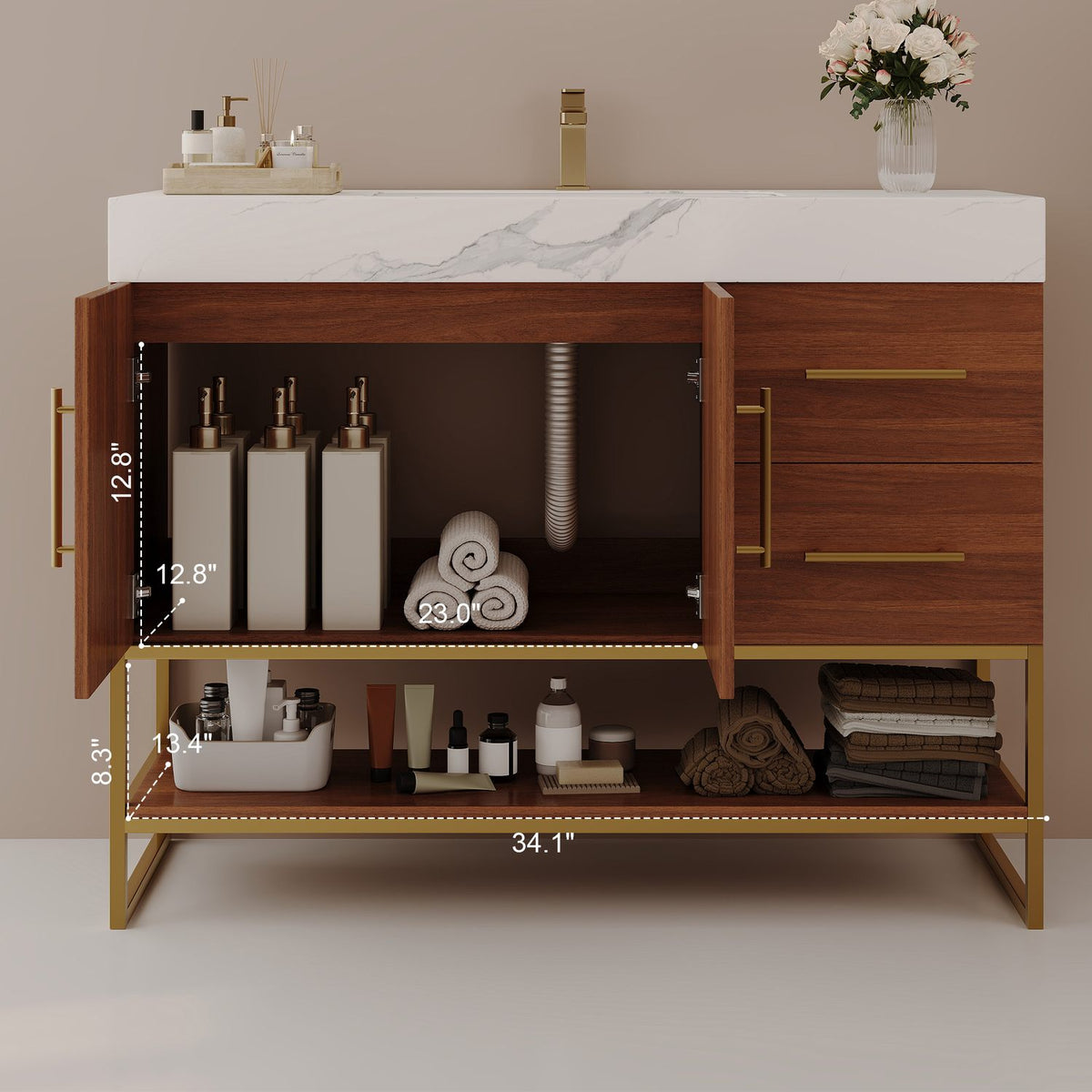 36in Dark Walnut Bath Vanity Cabinet Interior Storage Dimensions Measurement Open Shelf Space