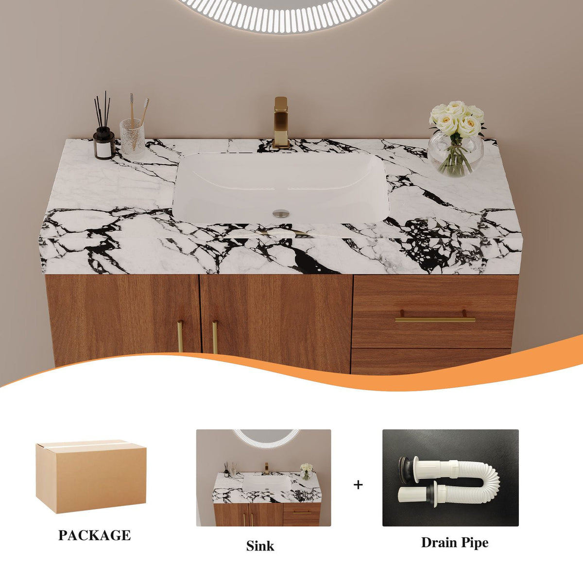 36in Dark Walnut Bath Vanity Packaging Includes Faux Marble Top Sink and Flexible Drain Pipe