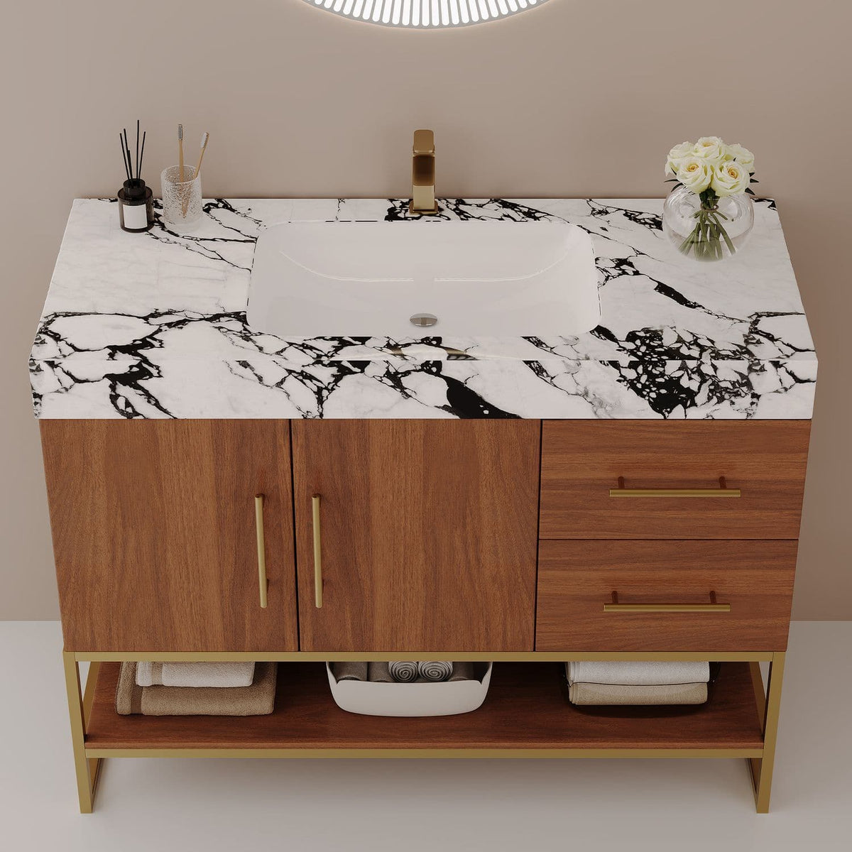 36in Dark Walnut Bath Vanity Top View Faux Marble Sink Top Gold Faucet Shelf