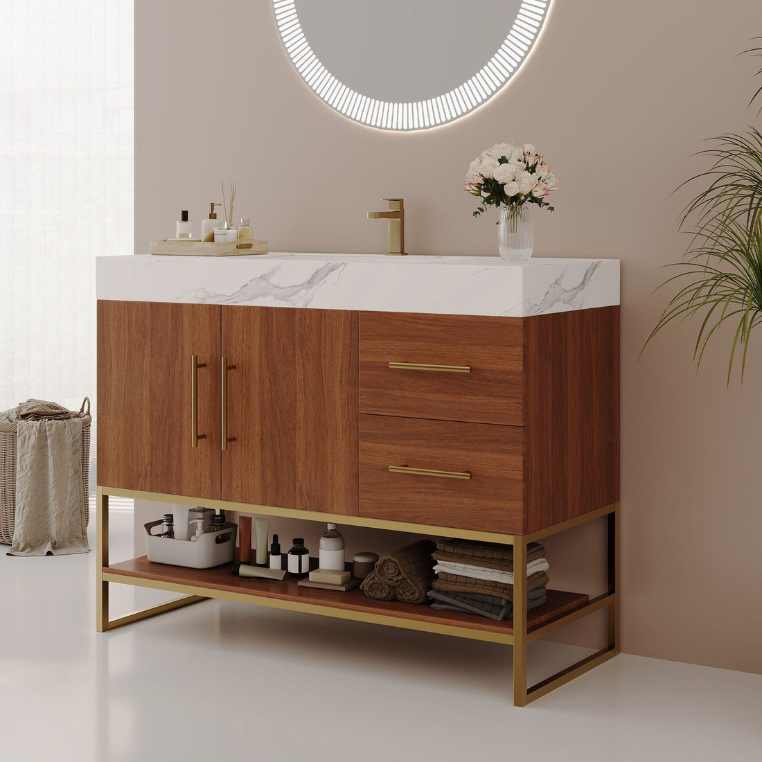 36in Dark Walnut Freestanding Vanity Sintered Stone Countertop Side Angle View Open Bottom Shelf   