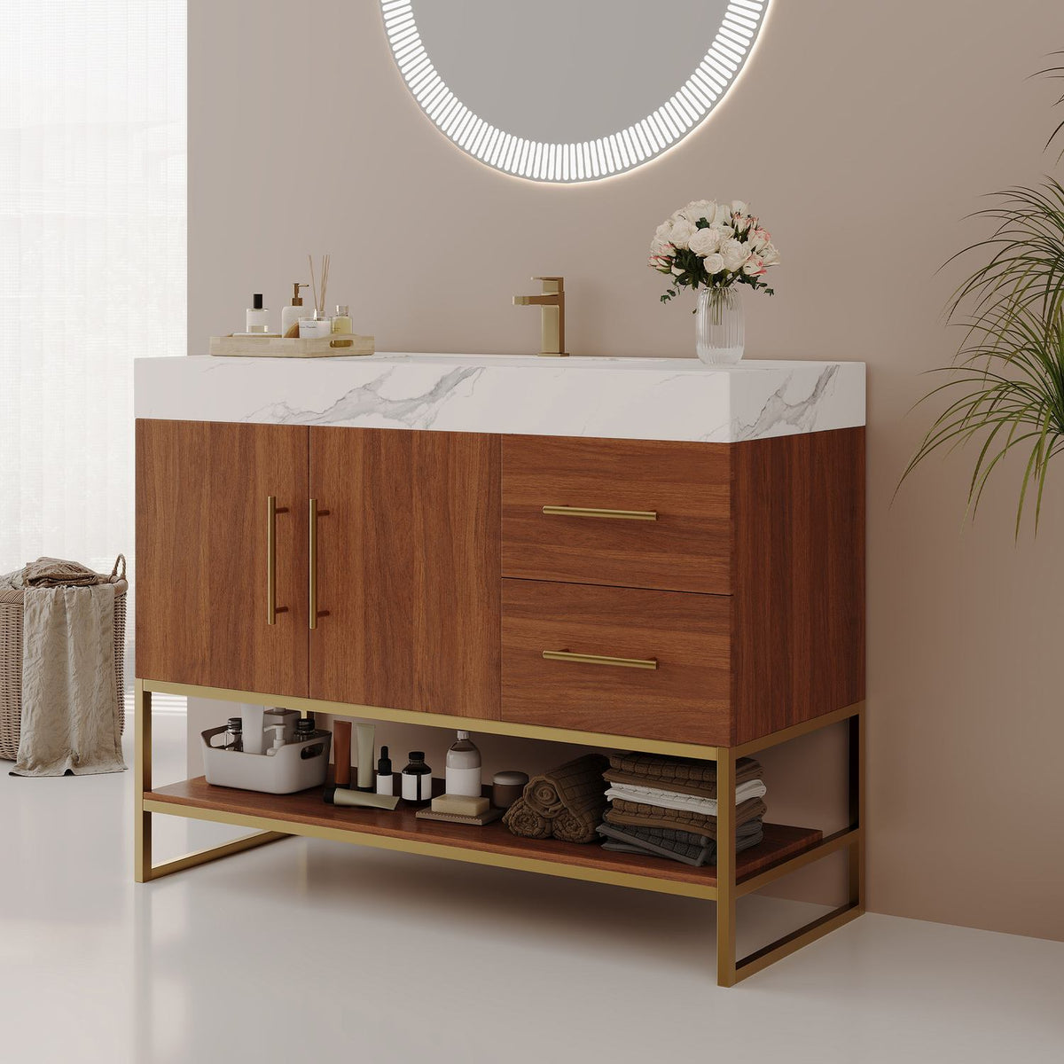 36in Dark Walnut Freestanding Vanity Sintered Stone Countertop Side Angle View Open Bottom Shelf   