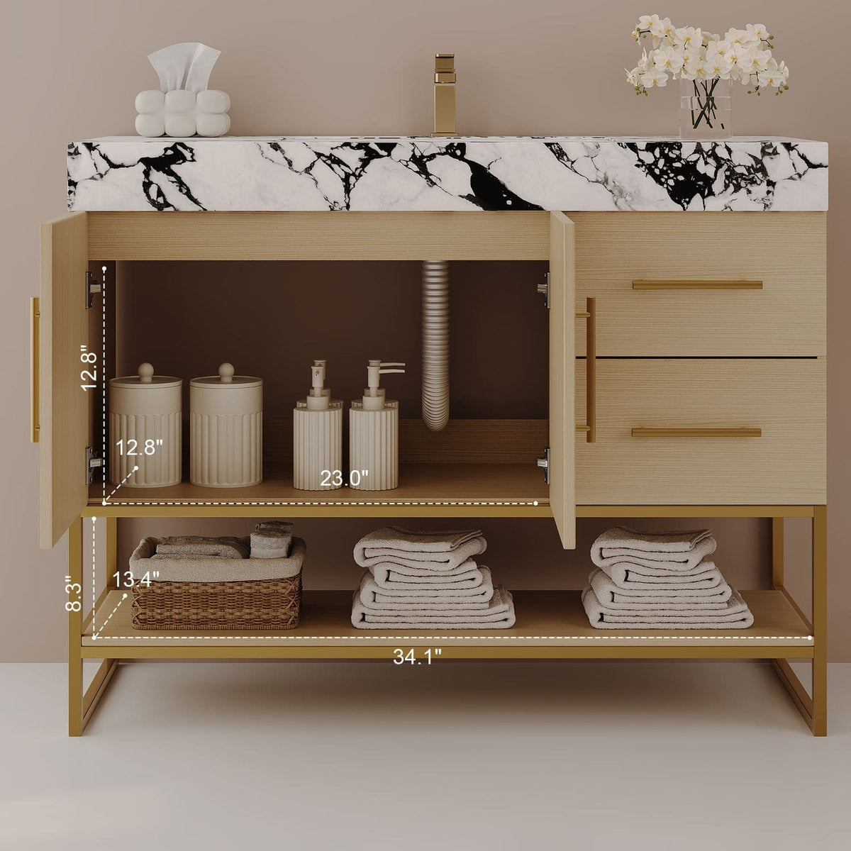 36in Light Oak Bath Vanity Cabinet Interior Storage and Bottom Shelf Measurement Diagram