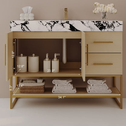 36in Light Oak Bath Vanity Cabinet Interior Storage and Bottom Shelf Measurement Diagram