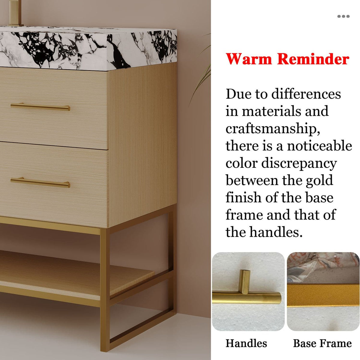 36in Light Oak Bath Vanity Warm Reminder Gold Finish Difference Between Metal Frame and Handle