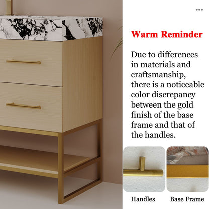 36in Light Oak Bath Vanity Warm Reminder Gold Finish Difference Between Metal Frame and Handle
