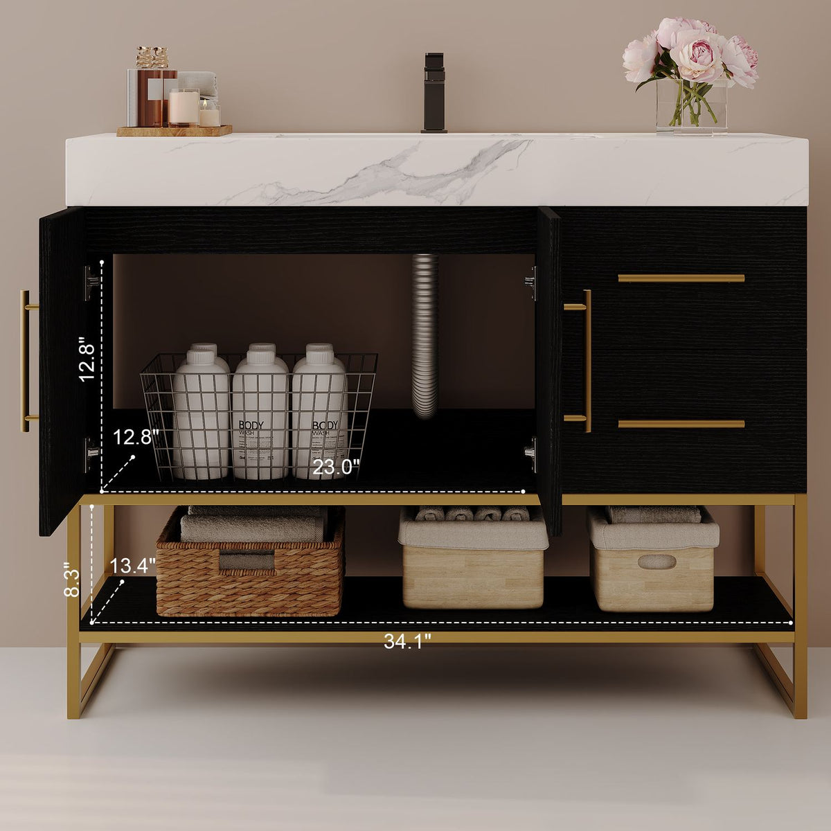 36in Matte Black Bath Vanity Cabinet Interior Storage and Bottom Shelf Measurement Diagram   