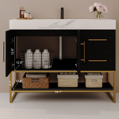 36in Matte Black Bath Vanity Cabinet Interior Storage and Bottom Shelf Measurement Diagram   