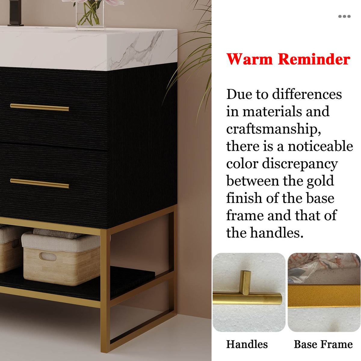 36in Matte Black Bath Vanity Warm Reminder Gold Finish Difference Between Metal Frame and Handle   