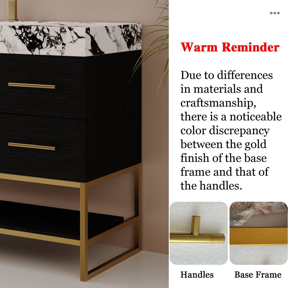 36in Matte Black Bathroom Vanity Finish Color Discrepancy Notice Gold Frame vs Handles Detail   