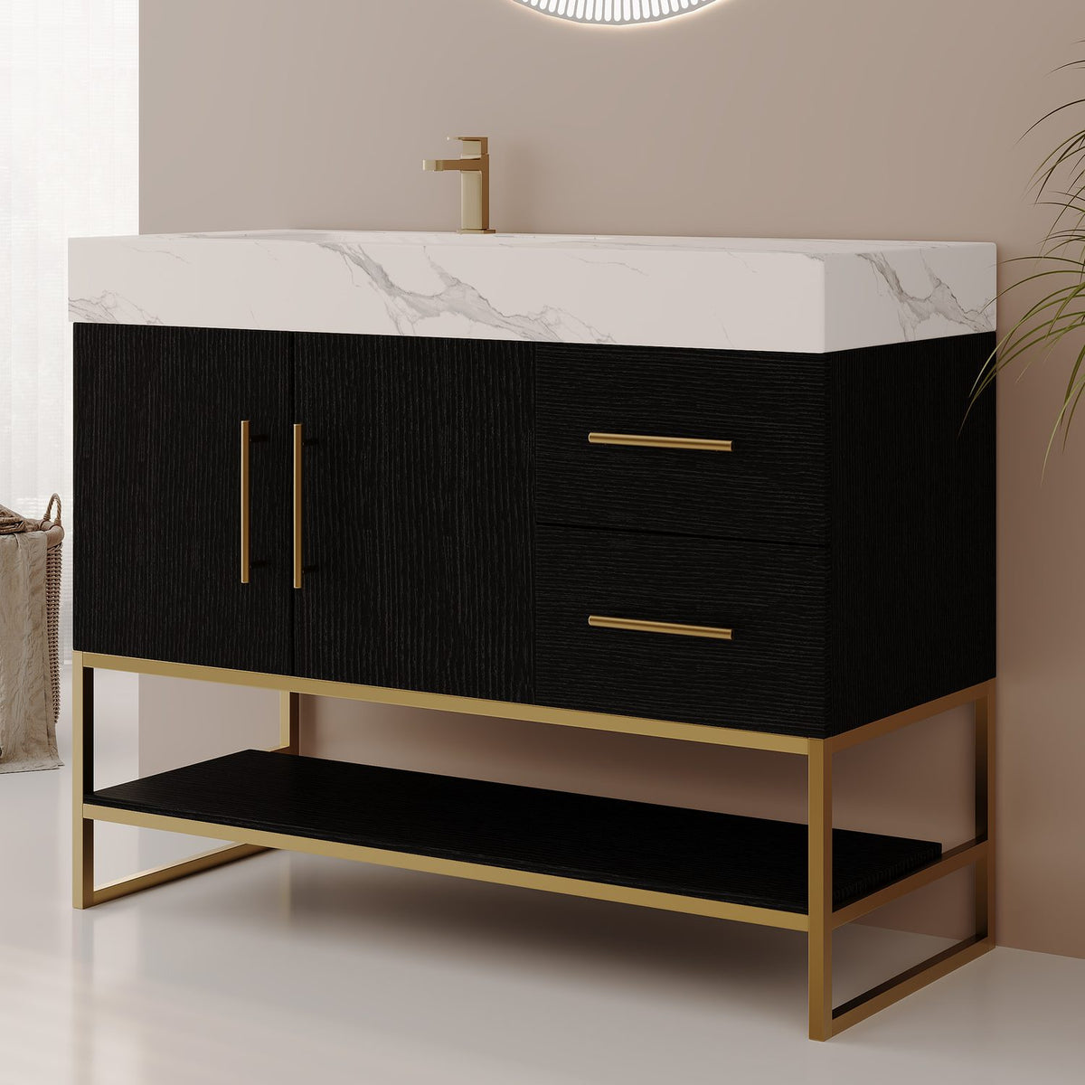 36in Matte Black Bathroom Vanity Left Offset Sink Faux Marble Top Side Angle View