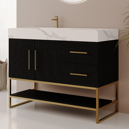 36in Matte Black Bathroom Vanity Left Offset Sink Faux Marble Top Side Angle View