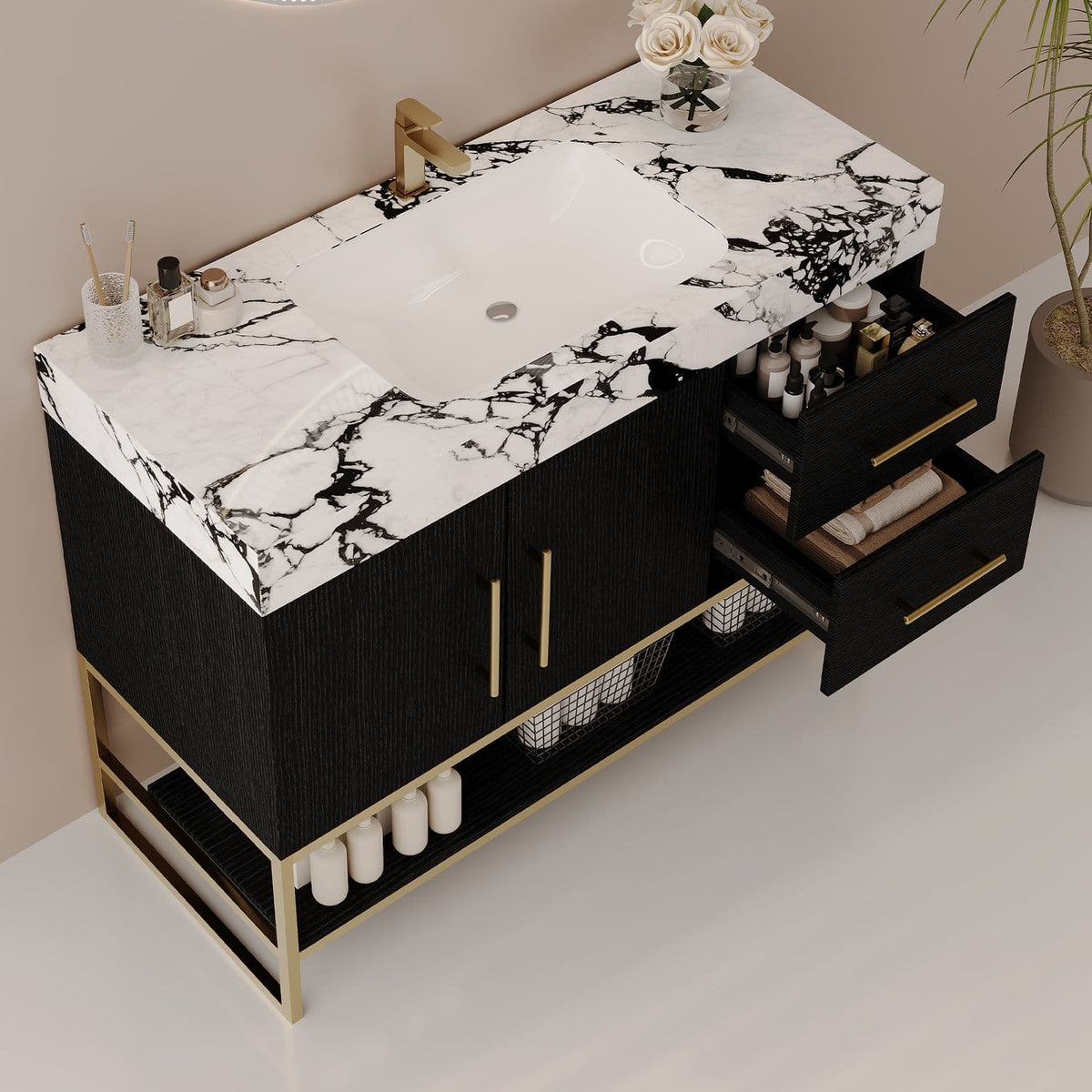 36in Matte Black Freestanding Bathroom Vanity Open Drawers Faux Marble Top Interior Storage Space Angle View
