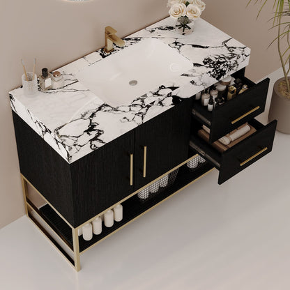 36in Matte Black Freestanding Bathroom Vanity Open Drawers Faux Marble Top Interior Storage Space Angle View