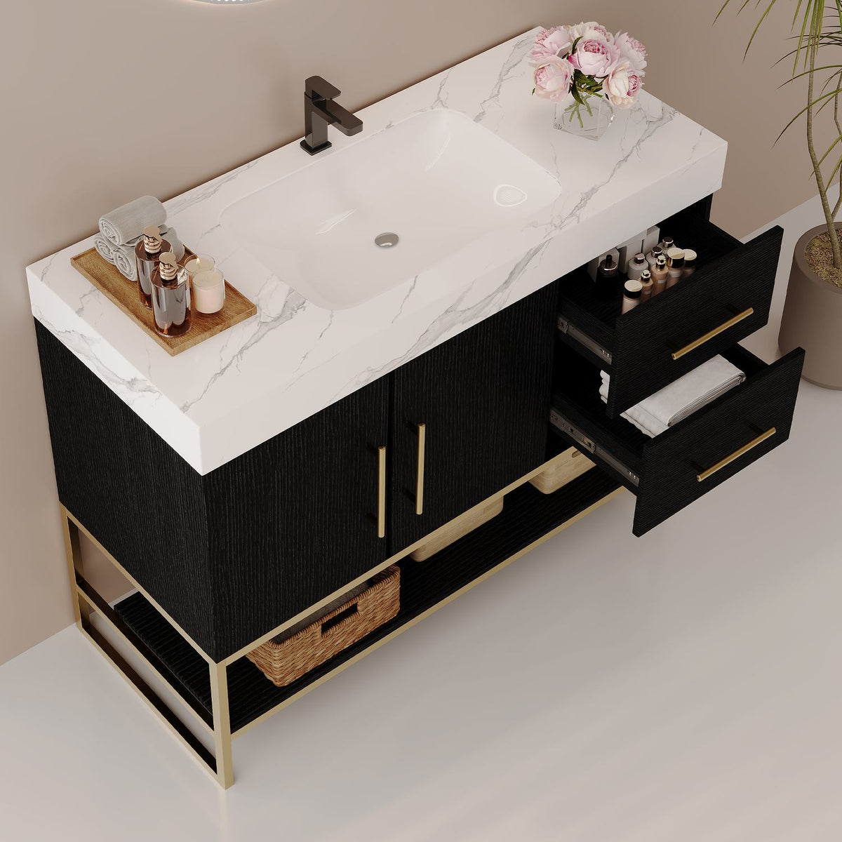 36in Matte Black Freestanding Vanity Open Drawers Faux Marble Countertop Interior Storage   