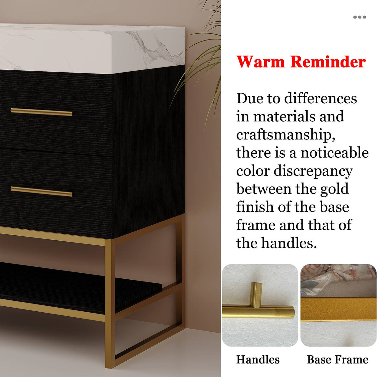 36in Modern Black Bath Vanity Warm Reminder Gold Finish Difference Between Metal Frame and Handle