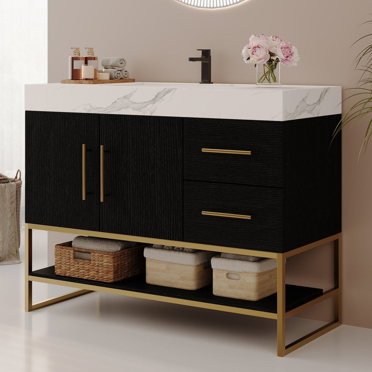 36in Modern Black Bathroom Vanity Gold Frame Base Open Bottom Shelf Side Angle View   