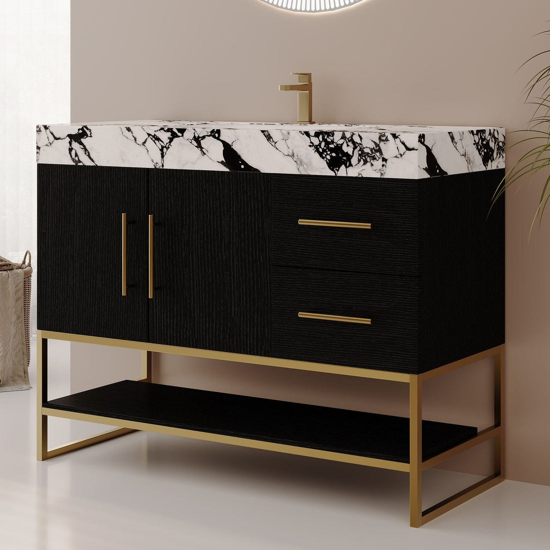36in Modern Black Bathroom Vanity Stainless Steel Frame Faux Marble Top Side Angle View Lower Storage Shelf