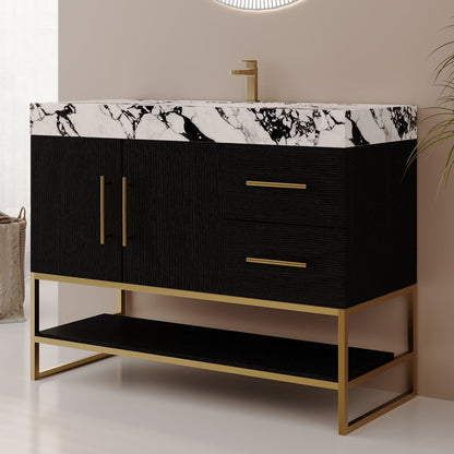 36in Modern Black Bathroom Vanity Stainless Steel Frame Faux Marble Top Side Angle View Lower Storage Shelf