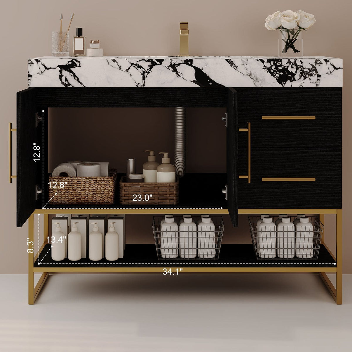 36in Modern Black Bathroom Vanity Storage Interior Cabinet Shelf Space Dimensions Measurement   