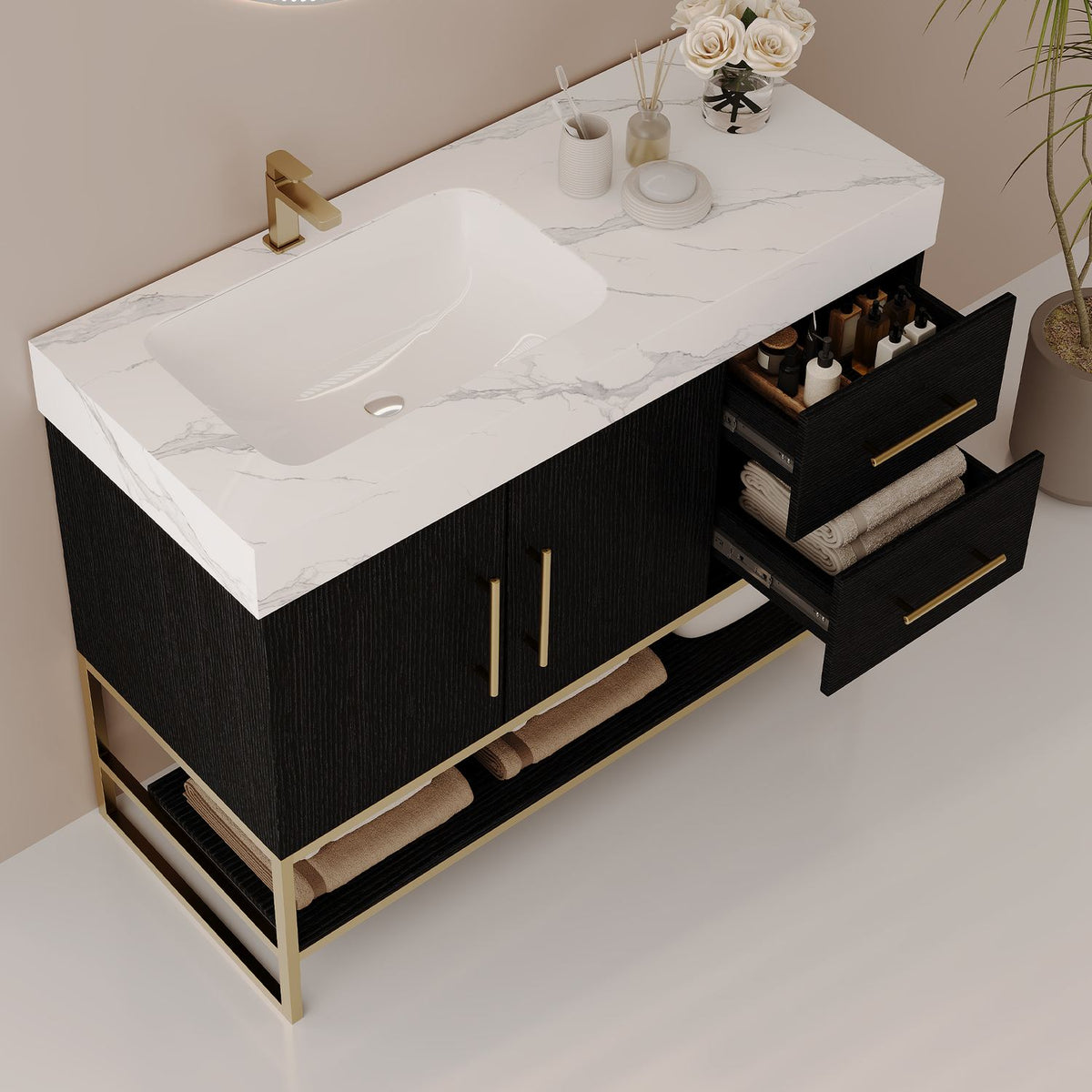 36in Modern Black Vanity Left Offset Sink Open Storage Drawers Perspective View