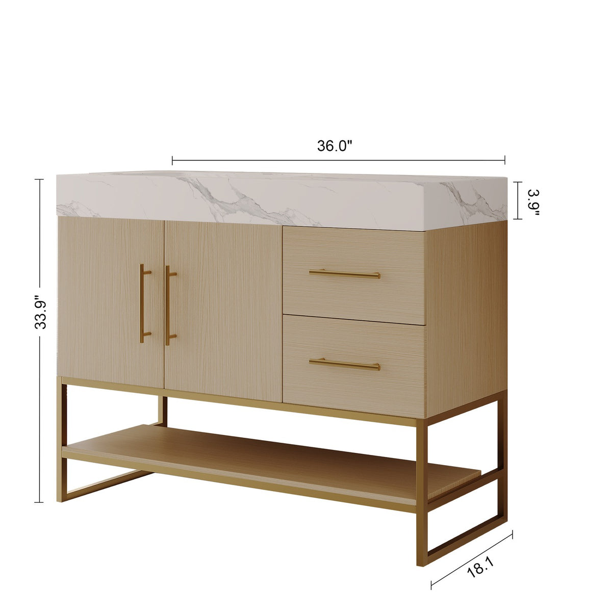 36in Modern Oak Bathroom Vanity Overall Size Measurement Diagram Height Width Depth