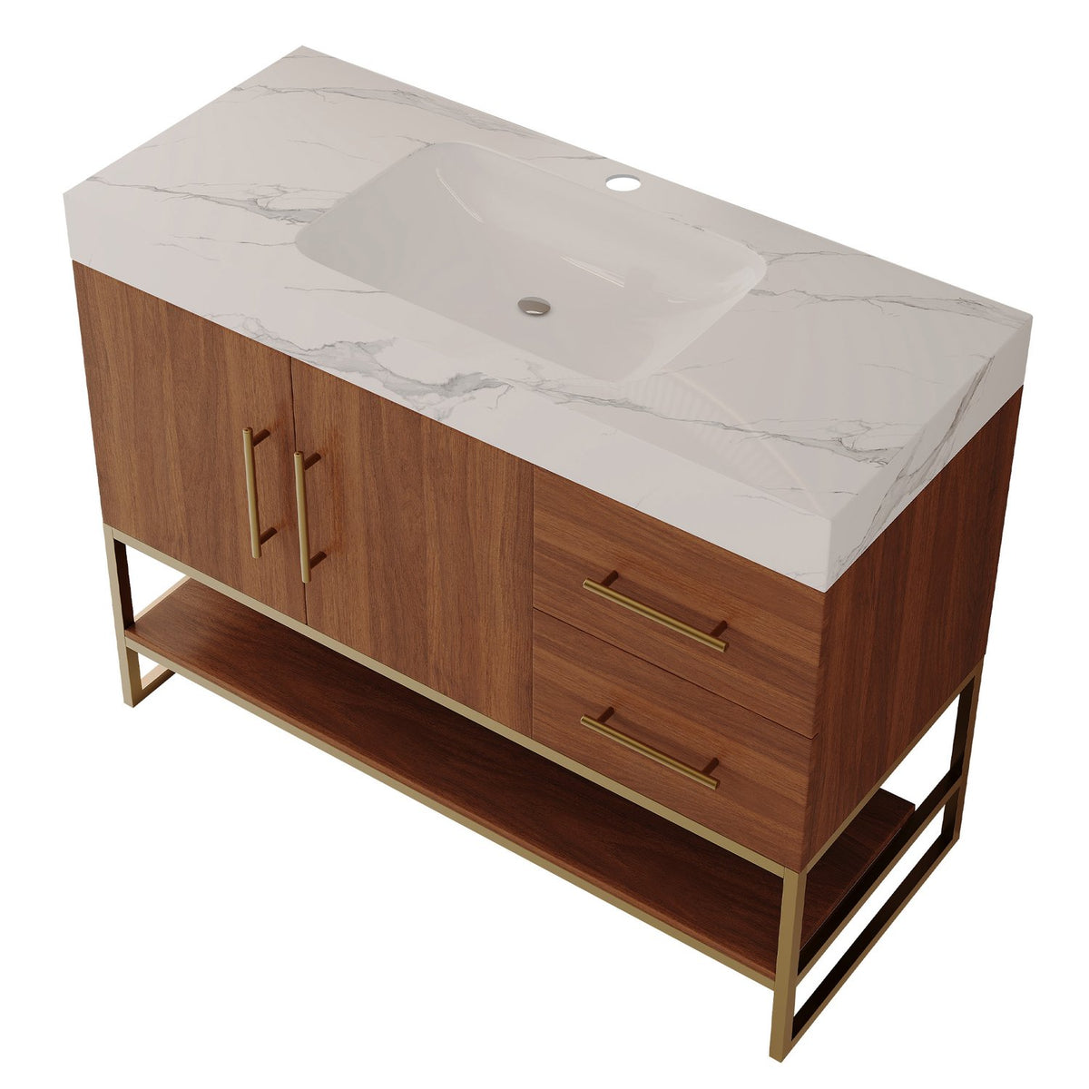 36in Modern Walnut Vanity Sintered Stone Top Studio Render White Background Gold Base Frame   