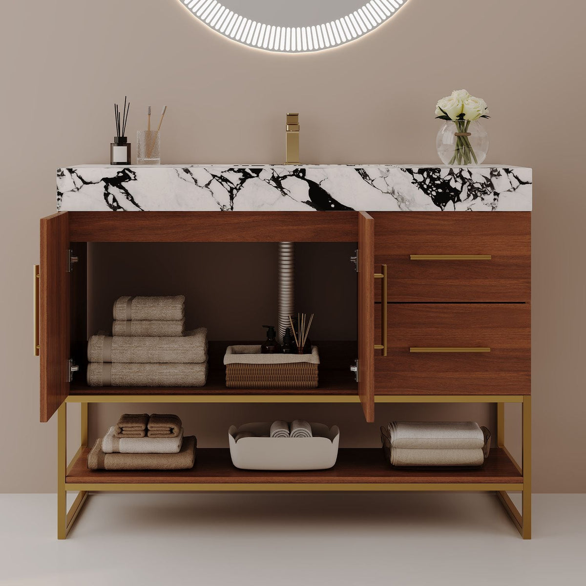 36in Walnut Bathroom Vanity Double Doors Open Cabinet Interior Storage Plumbing Pipe