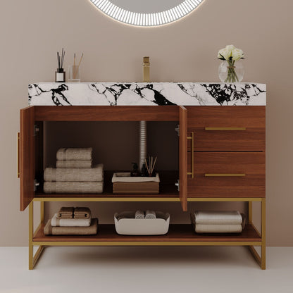 36in Walnut Bathroom Vanity Double Doors Open Cabinet Interior Storage Plumbing Pipe