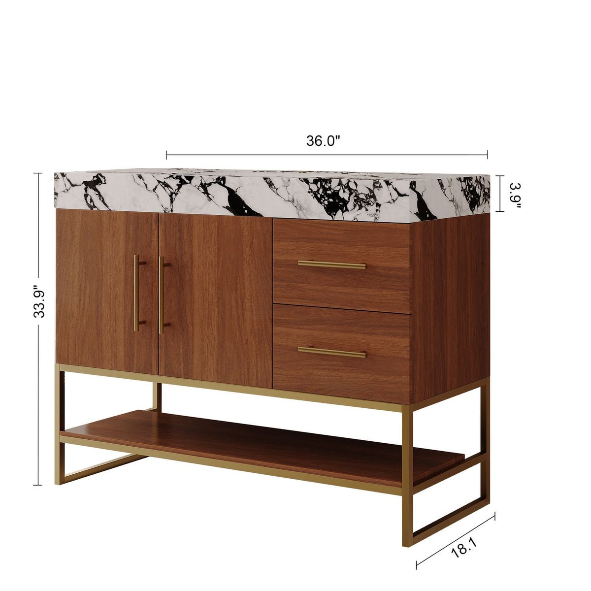 36in Walnut Bathroom Vanity Overall Size Dimensions Height Width Depth Diagram
