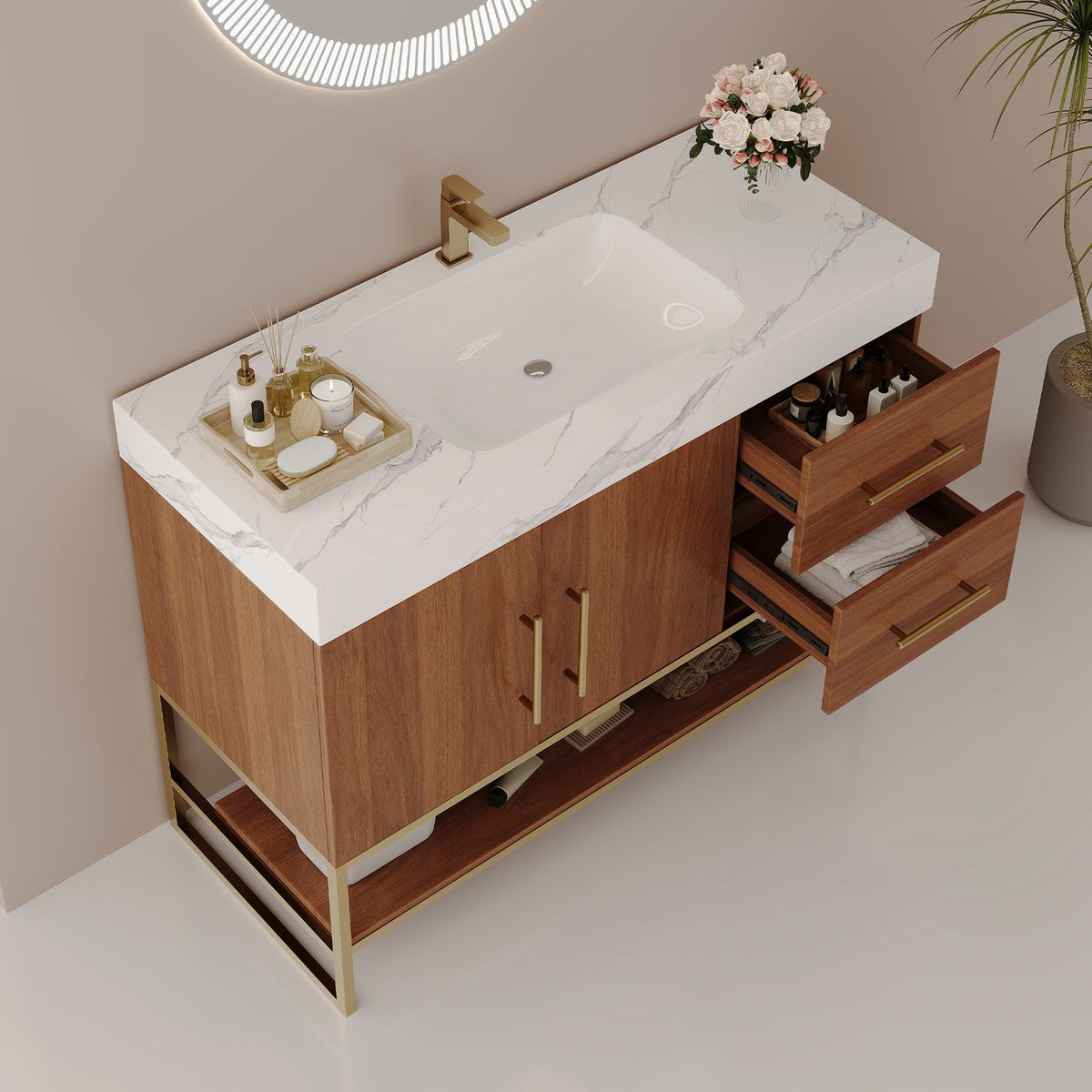 36in Walnut Finish Bathroom Vanity Open Storage Drawers Sintered Stone Top Angle View   