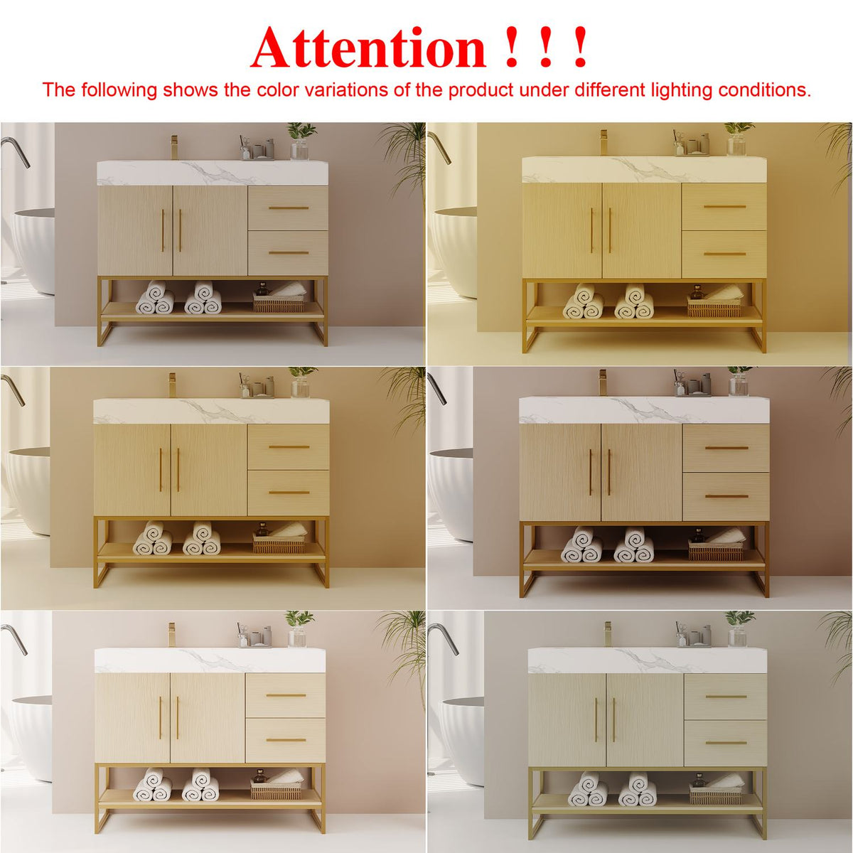 36in White Oak Bath Vanity Color Variations Under Different Indoor Lighting Conditions