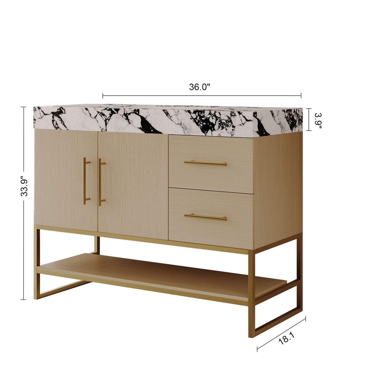 36in White Oak Freestanding Bathroom Vanity Overall Dimensions Measurement Diagram Width Depth Height
