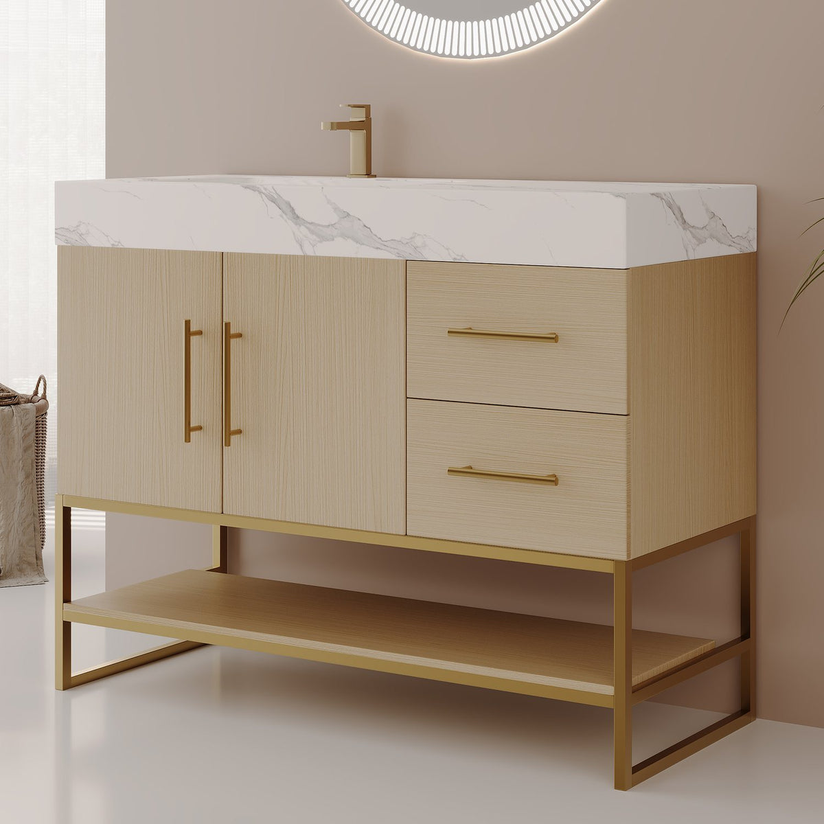 36in White Oak Freestanding Vanity Left Side Sink Faux Marble Top Angle View