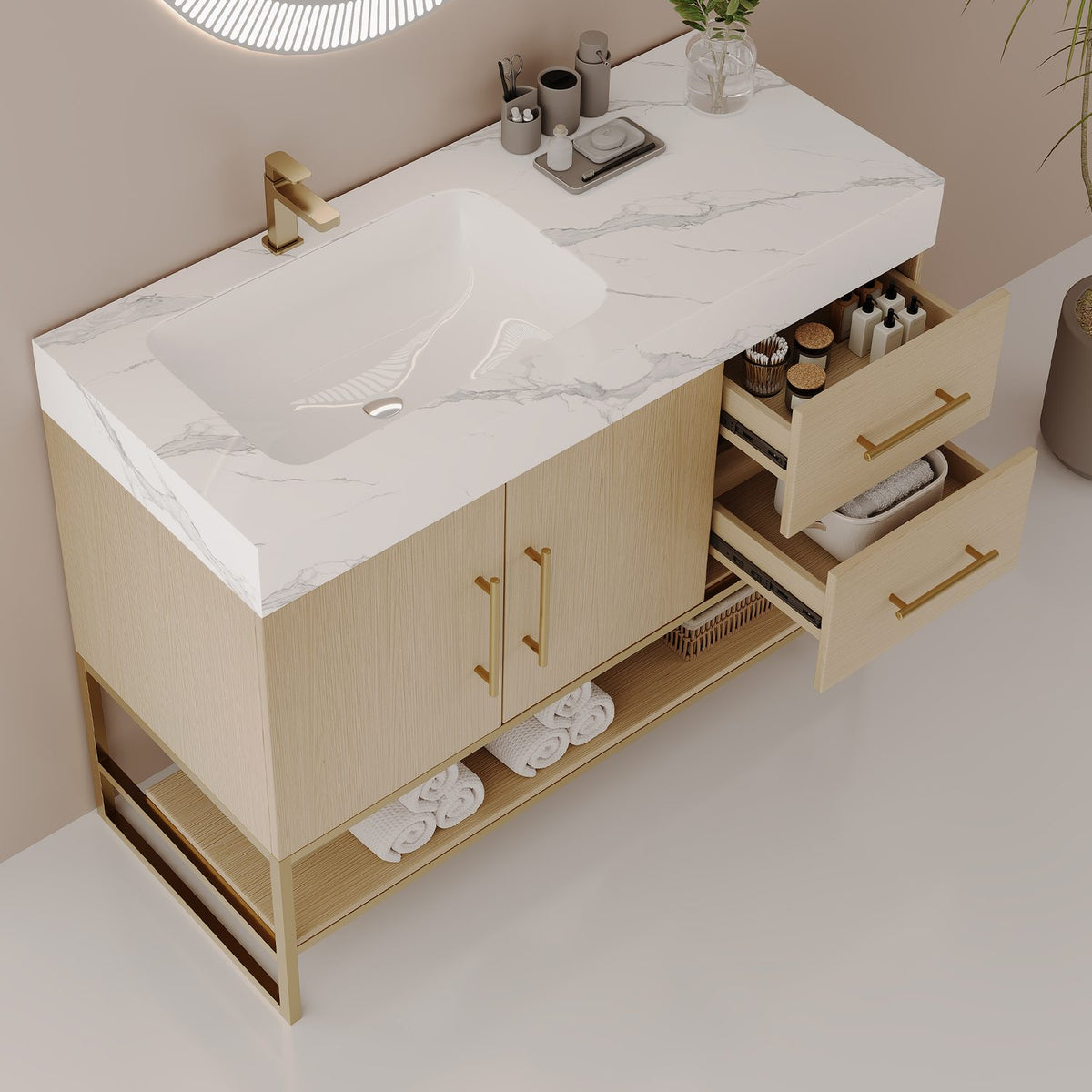 36in White Oak Vanity Left Side Sink Open Storage Drawers Perspective View