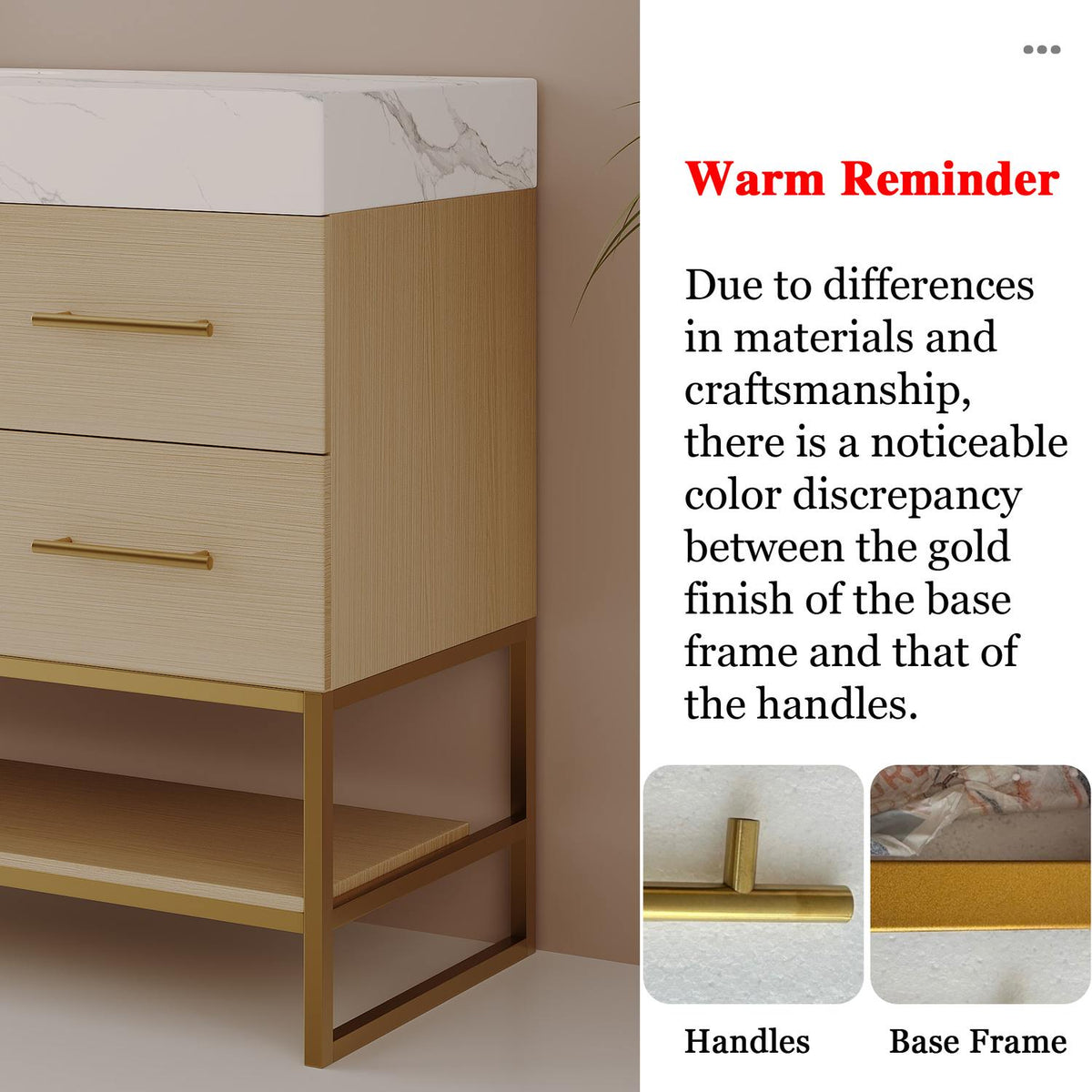 36in White Oak Vanity Warm Reminder Gold Finish Discrepancy Metal Base vs Handle