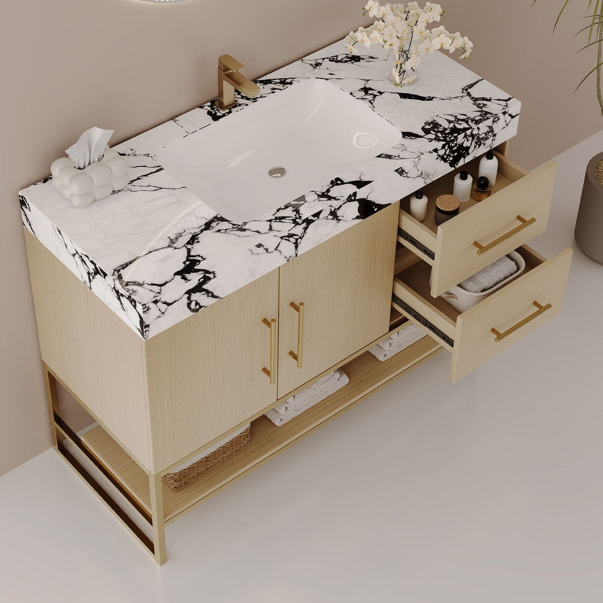 36in Wood Grain Bathroom Vanity Open Drawers Faux Marble Top Interior Storage Space Angle View