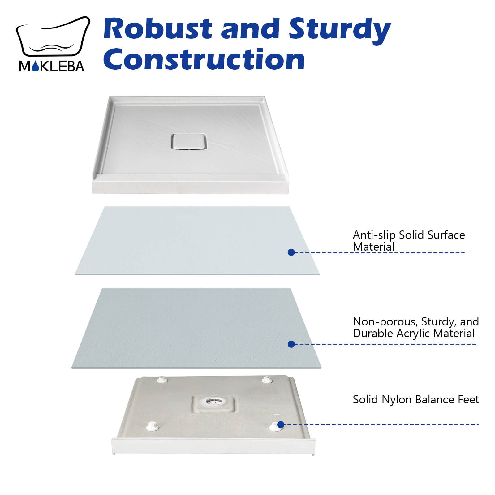 Mokleba 36" x 36" weiße Acryl-Duschwanne mit mittigem Ablauf