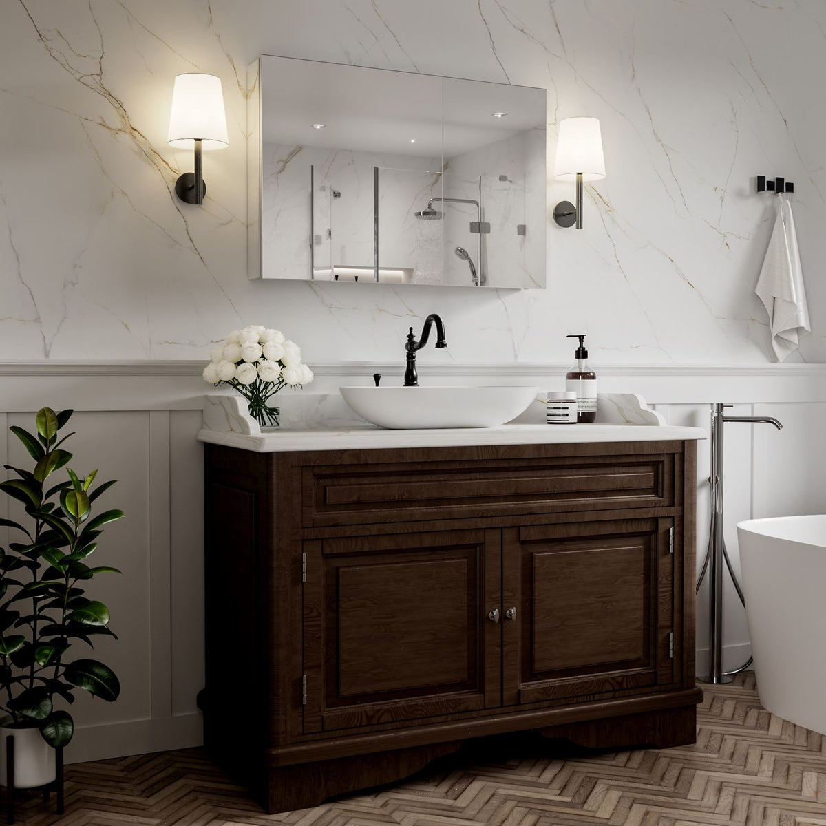 36 x 24-inch mirrored medicine cabinet above a brown bathroom vanity.