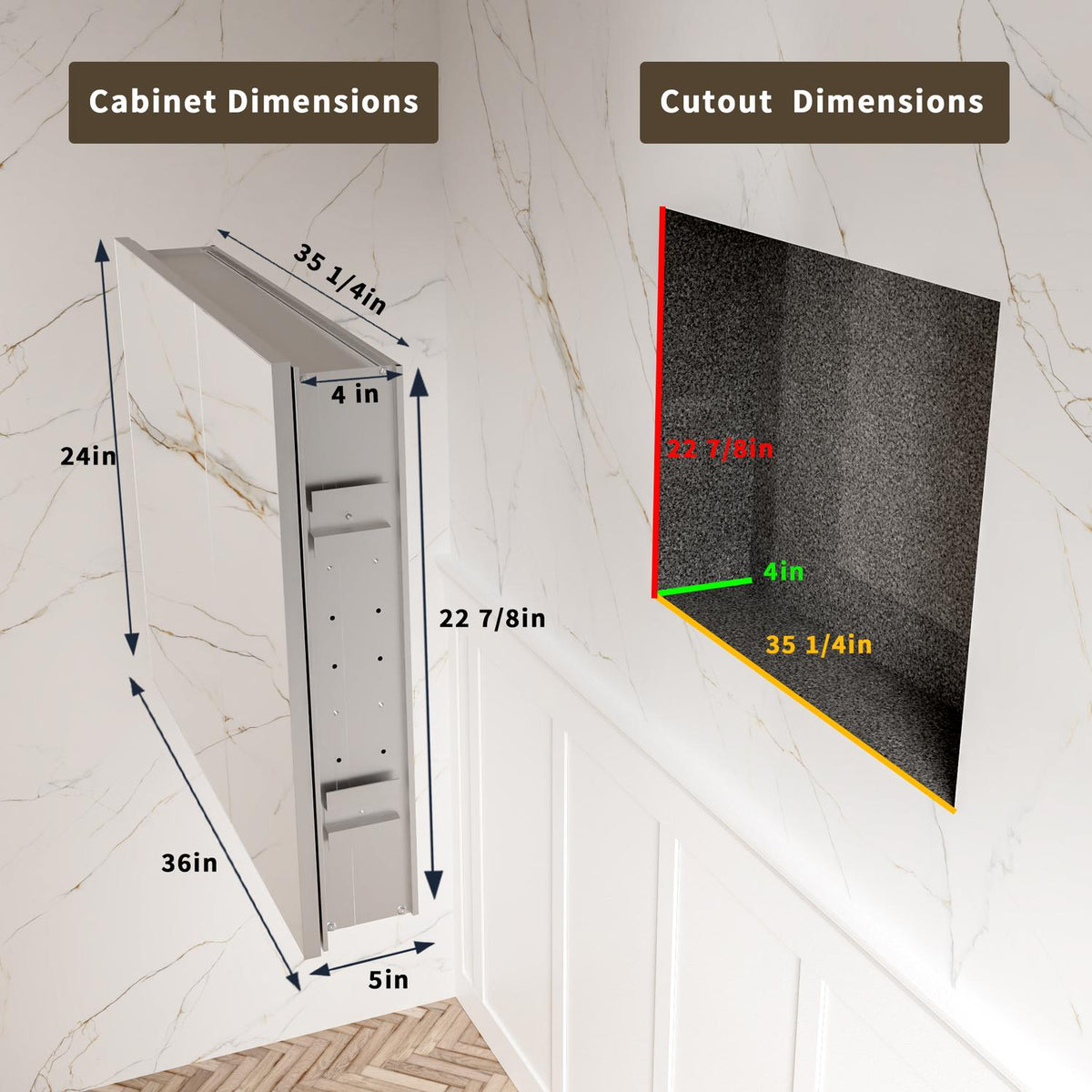 36 x 24-inch medicine cabinet and recessed wall opening dimensions.