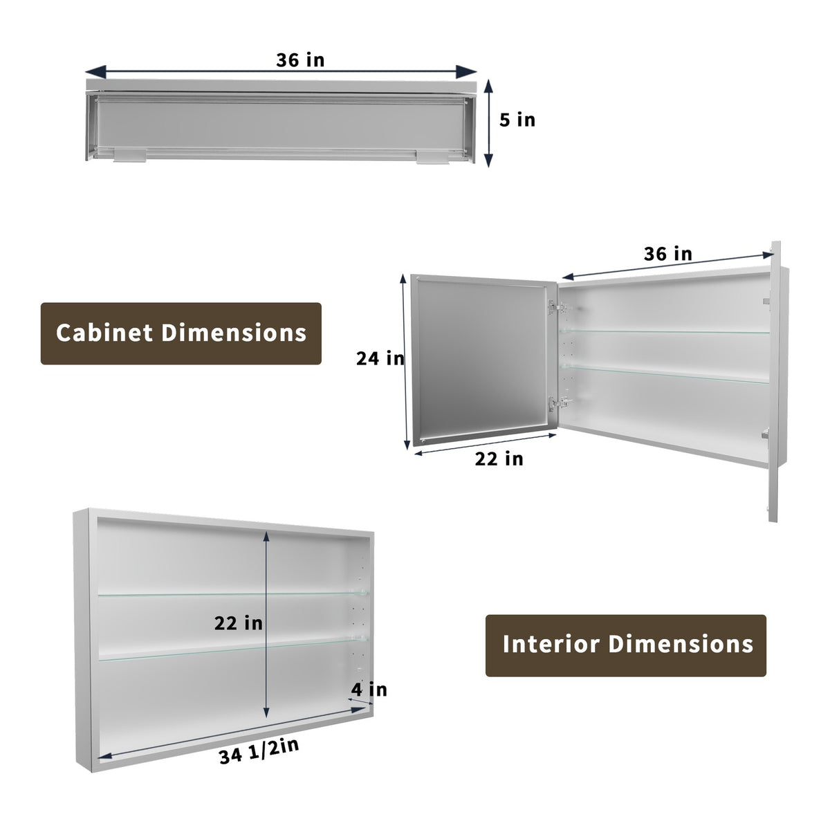 36 x 24-inch medicine cabinet showing exterior and interior dimensions.