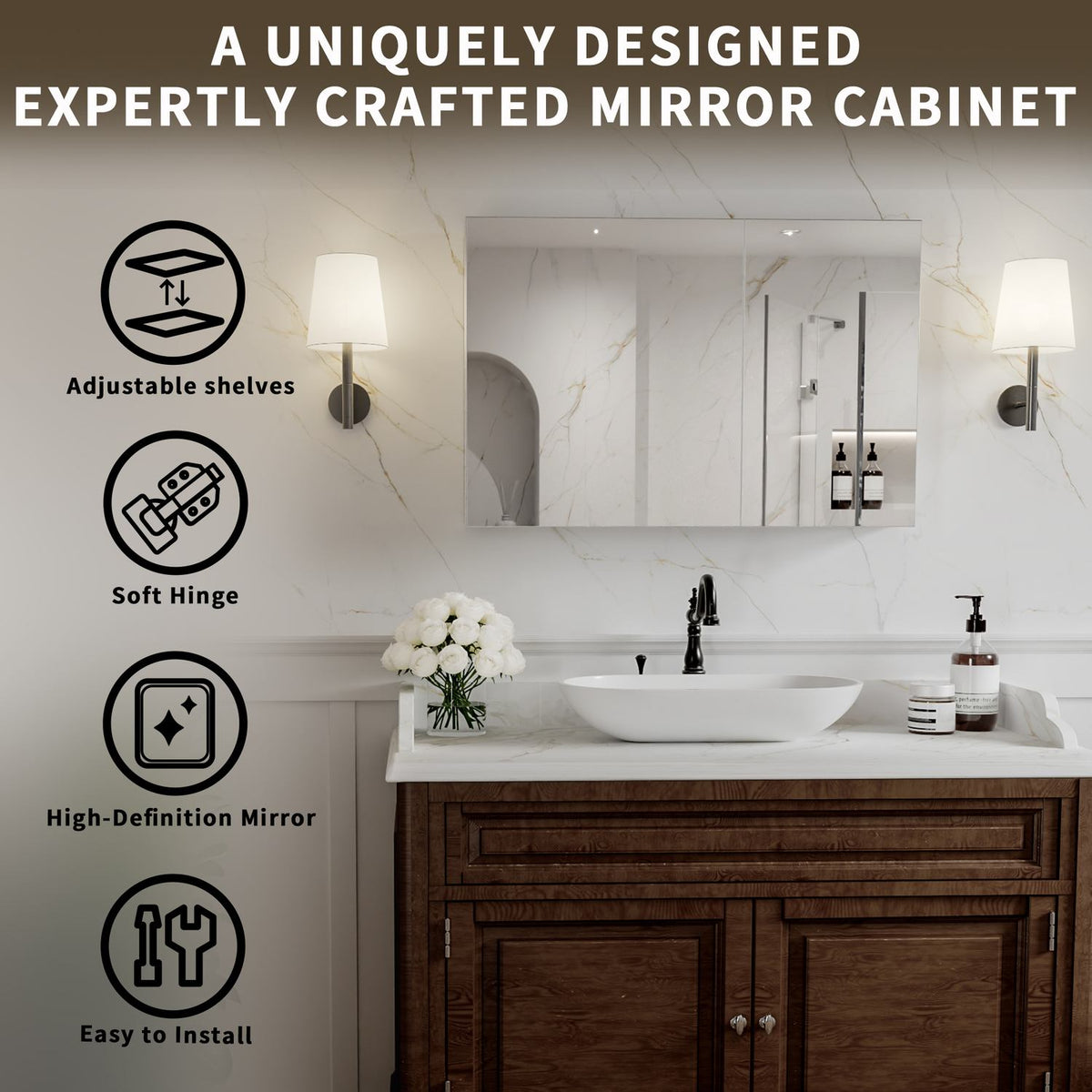36 x 24-inch mirror cabinet highlighting adjustable shelves and soft-close hinges.