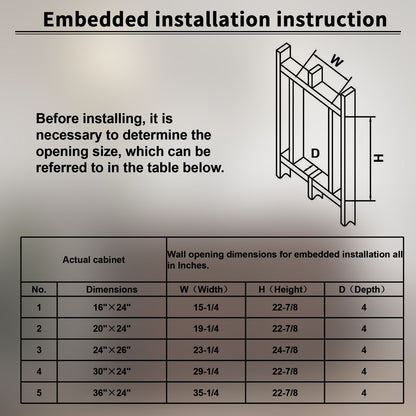 Recessed medicine cabinet installation guide and opening sizes.