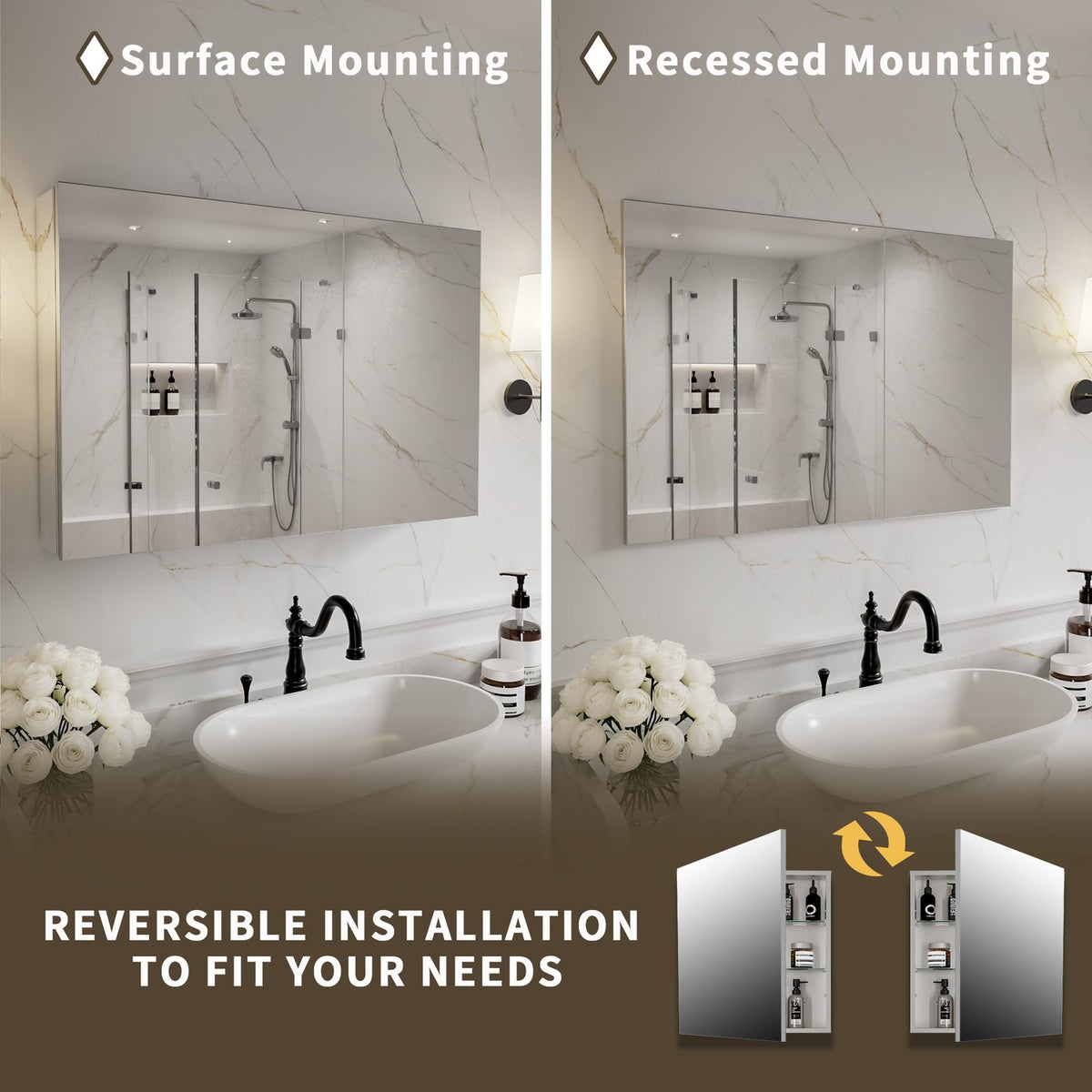 36 x 24-inch medicine cabinet showing surface and recessed mounting options.
