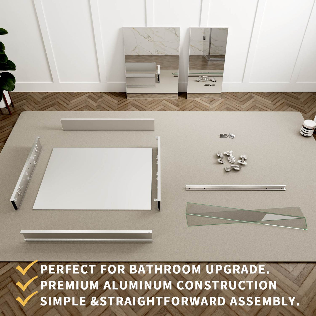 Mirror cabinet assembly parts with aluminum frame, shelves and hardware.
