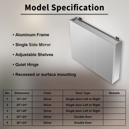 Aluminum medicine cabinet specifications and available sizes.