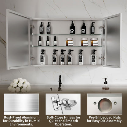 36 x 24-inch medicine cabinet with open doors, shelves and toiletries.