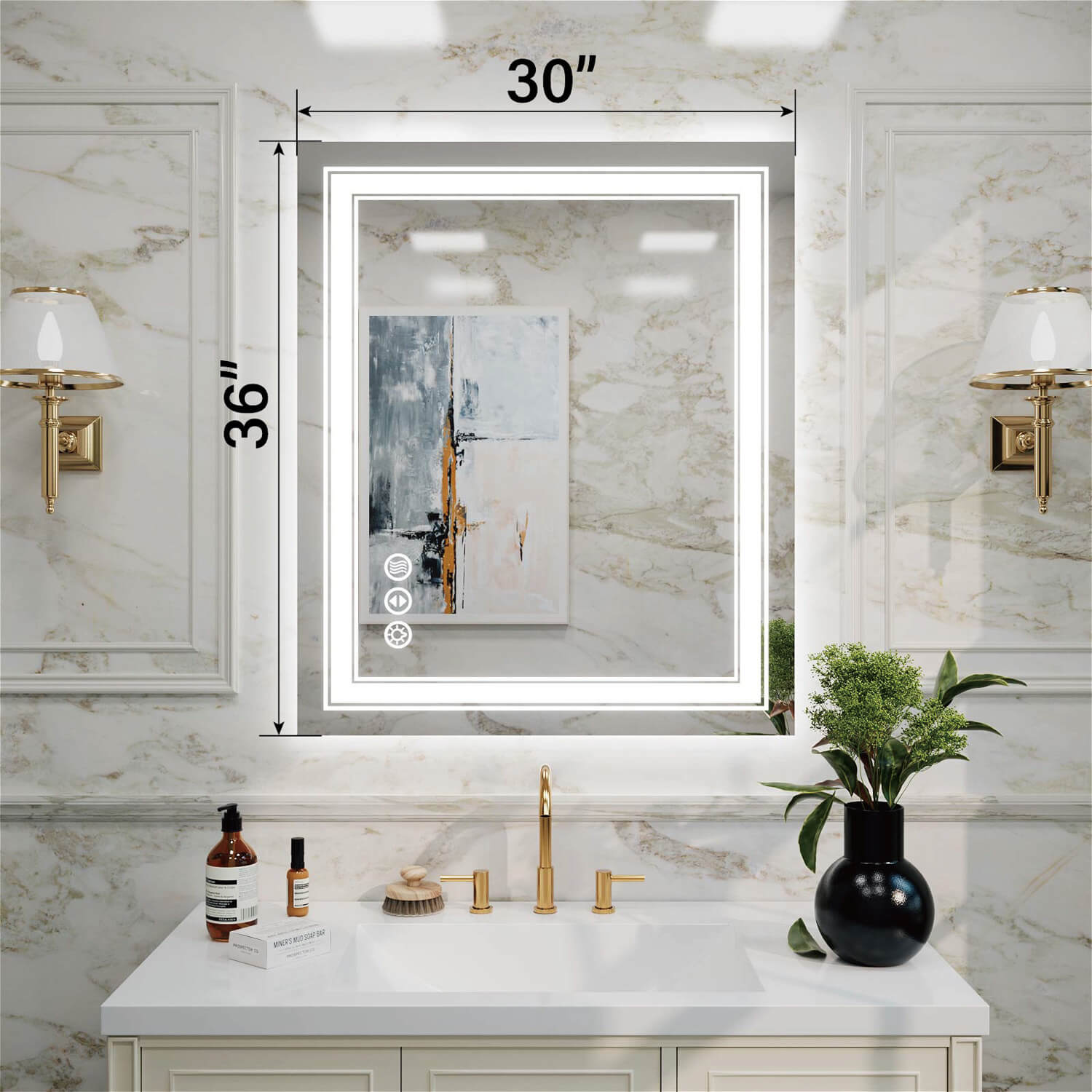 36x30 inch frameless rectangular LED vanity mirror with double LED halos and size labels