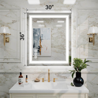 36x30 inch frameless rectangular LED vanity mirror with double LED halos and size labels