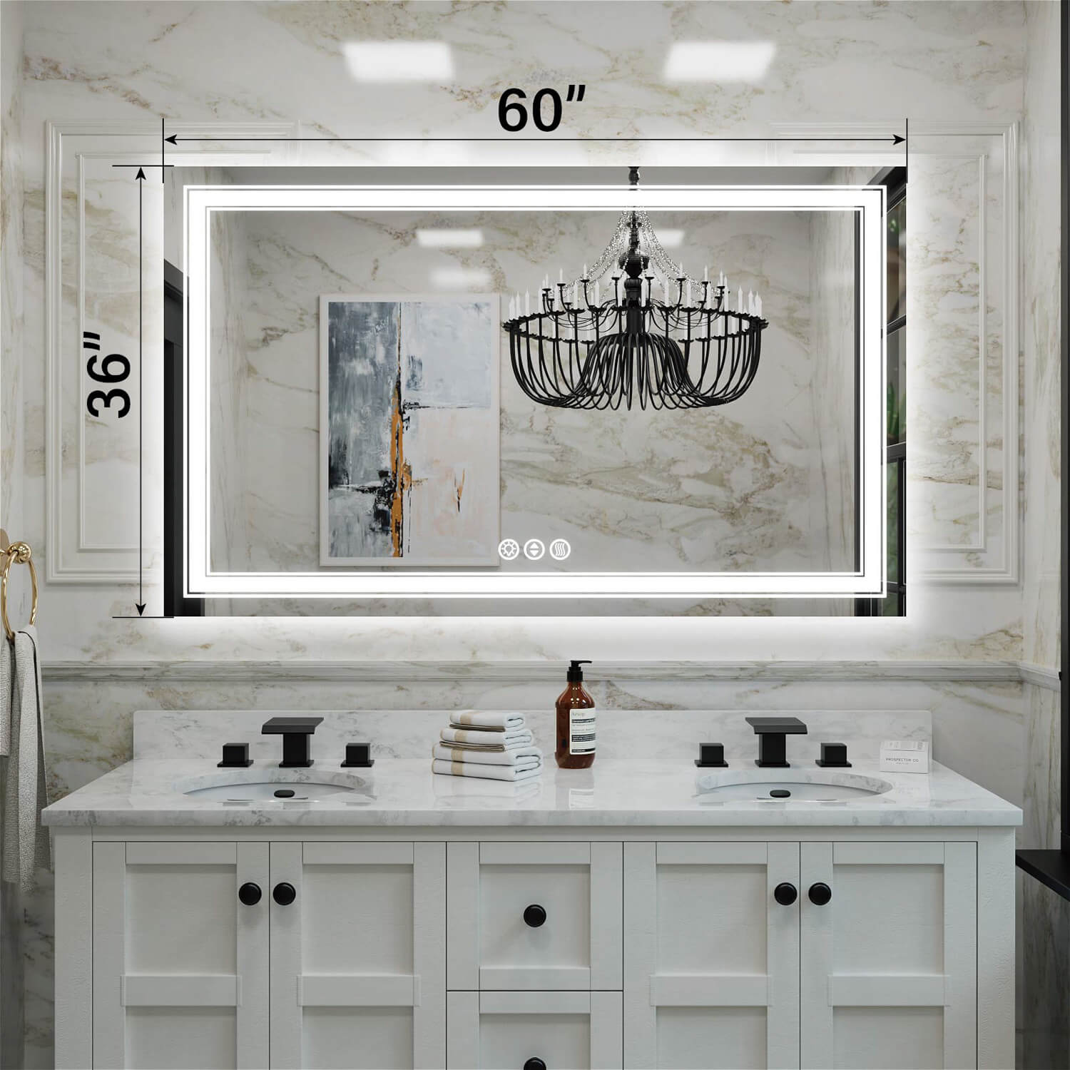 36x60 inch double sink frameless LED bathroom mirror with dual LED borders and dimension markings